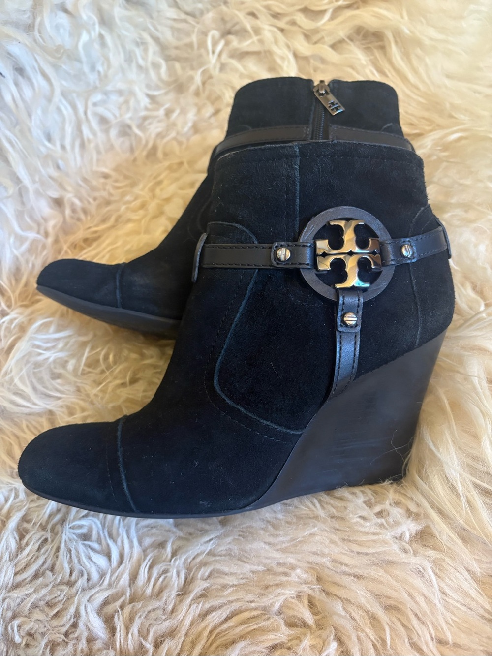 Tory Burch Black Suede Wedge Booties Side Zip Logo Boots size 9.5